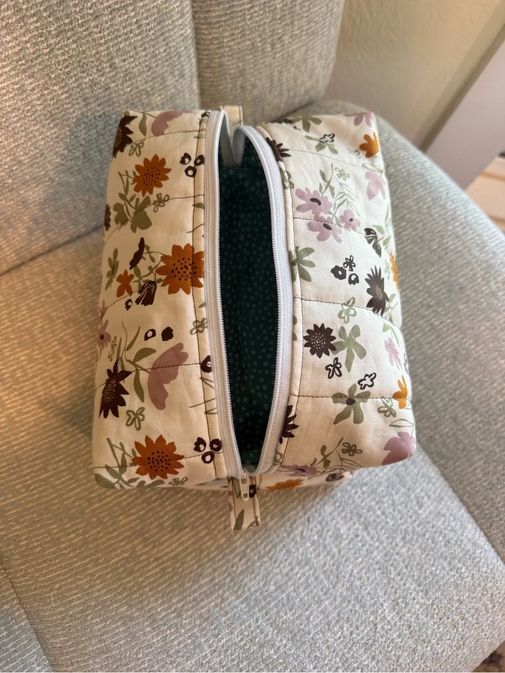 Handmade Floral Quilted Cosmetic Pouch in Cream and Brown